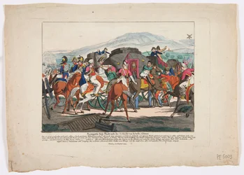 ウォータールーの戦いからのナポレオンの飛行、1815年（色のエッチング）